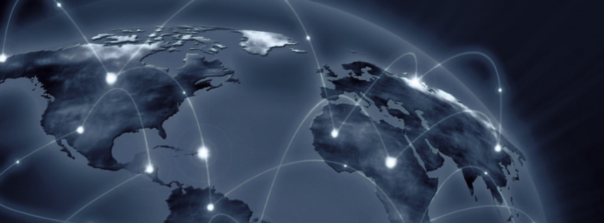Global map with glowing network connections arcing between continents
