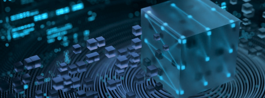Glowing translucent blockchain cube linked by network nodes rising from a circuit surface